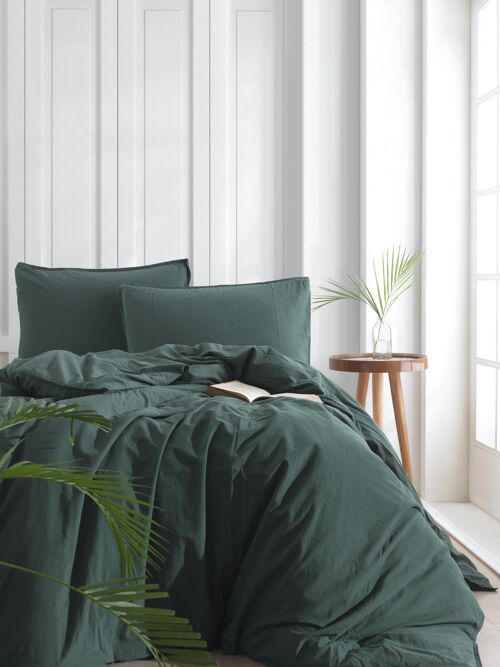 Stonewashed Cotton Duvet Cover Set, Dark Green - Super King