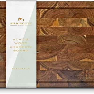 Tabla de cortar de madera de acacia de Silk Route Spice Company - Bloque de carnicero de madera de acacia de 38 cm x 26 cm x 4 cm con asas