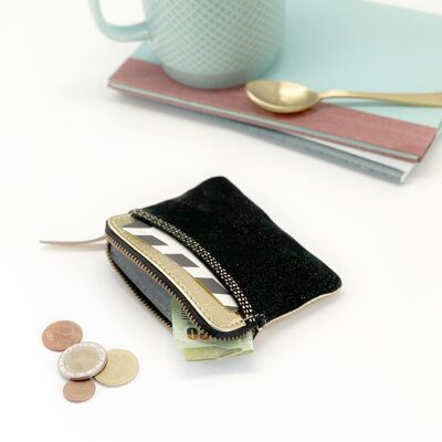 Mini zip wallet leather Golddust Black
