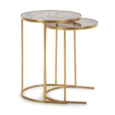 SET/2 SIDE TABLE 45X45X60 / 40X40X55 DECORATED GLASS/GOLDEN METAL TH5501900