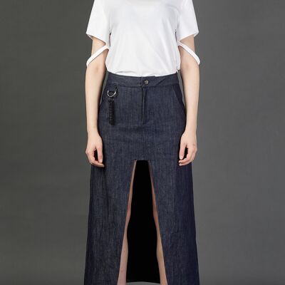 Long Denim Skirt With Front Cut-Out