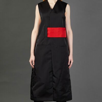 Black/Red Belted Sleeveless Nylon Coat