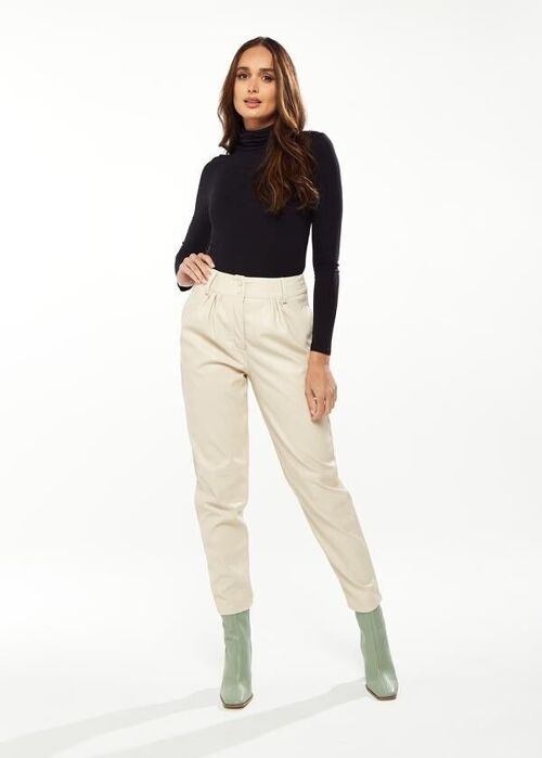 Liquorish Tapered Leather Look Trousers with Pleated Detail in Cream - 8