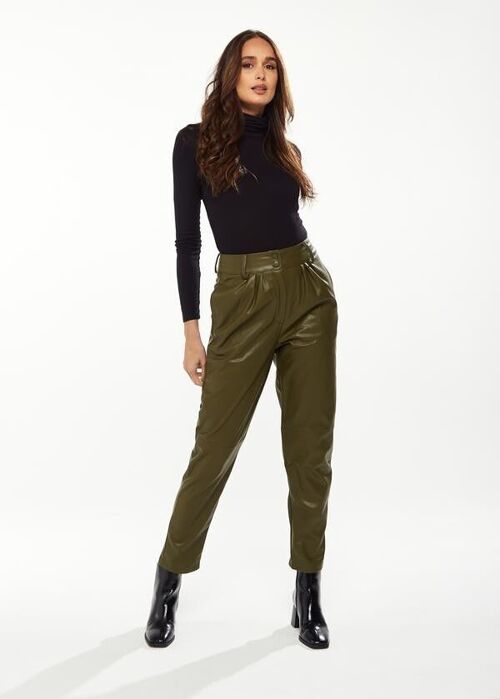 Liquorish Tapered Leather Look Trousers with Pleated Detail in Khaki - 8