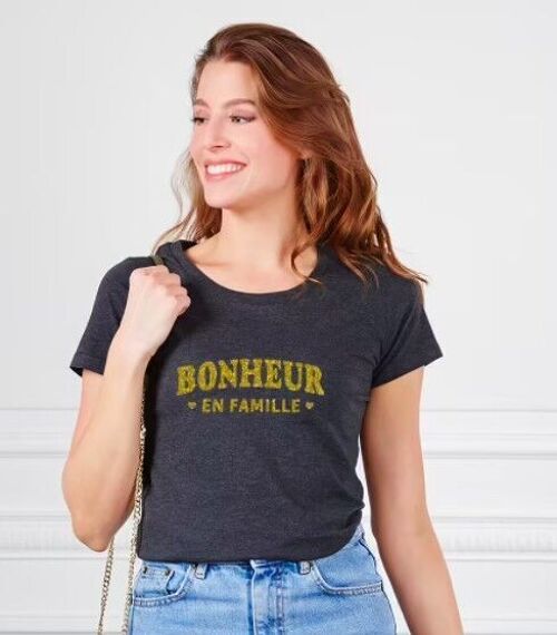 T-shirt femme Bonheur en famille (effet paillettes)