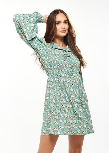 Mini-robe smockée à imprimé floral Liquorish avec col claudine en vert - 10 6