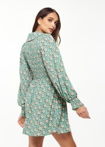 Mini-robe à smocks à imprimé floral Liquorish avec col claudine en vert - 14 8