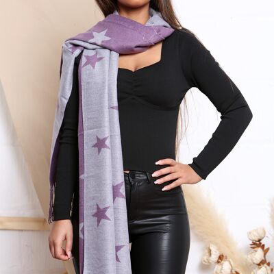 Lilac Star print Cashmer Mix 2 Tone Reversible Winter Scarf with Tassels