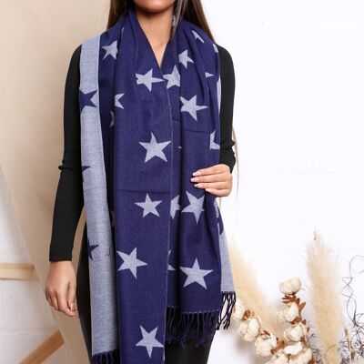 Sciarpa invernale reversibile in misto cashmere bicolore con stampa stelle blu con nappe