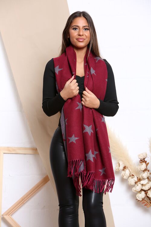 red  Star print Cashmer Mix 2 Tone Reversible Winter Scarf with Tassels