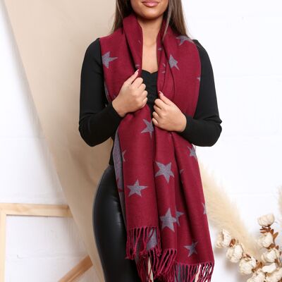 Sciarpa invernale reversibile bicolore in misto cashmere con stampa stelle rosse con nappe