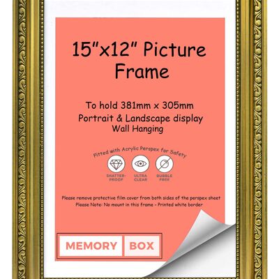 Ornate Shabby Chic Picture/Photo/Poster frame with Perspex Sheet - (38.1 x 30.5cm) Gold 15" x 12"