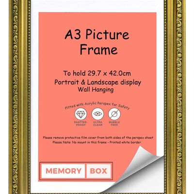Ornate Shabby Chic Picture/Photo/Poster frame with Perspex Sheet - Gold A3