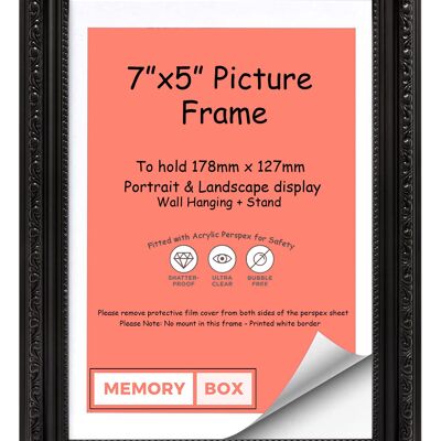 Ornate Shabby Chic Picture/Photo/Poster frame with Perspex Sheet - (17.8 x 12.7cm) Black 7" x 5"