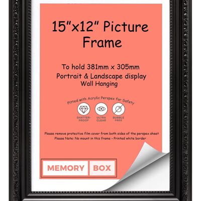 Ornate Shabby Chic Picture/Photo/Poster frame with Perspex Sheet - (38.1 x 30.5cm) Black 15" x 12"