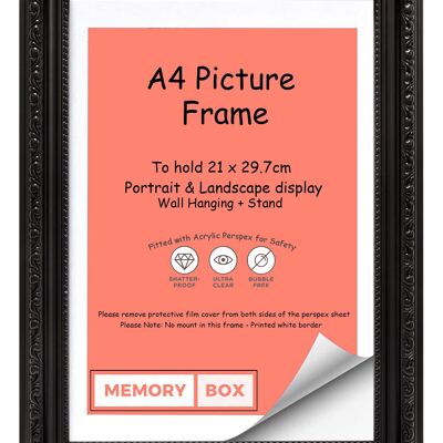 Ornate Shabby Chic Picture/Photo/Poster frame with Perspex Sheet - Black A4