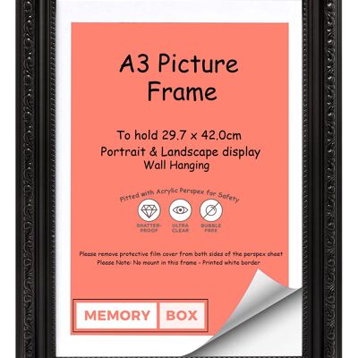 Ornate Shabby Chic Picture/Photo/Poster frame with Perspex Sheet - Black A3