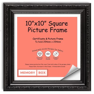 Ornate Shabby Chic Picture/Photo/Poster frame with Perspex Sheet - (25.4 x 25.4cm) Black 10" x 10"