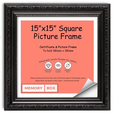Ornate Shabby Chic Picture/Photo/Poster frame with Perspex Sheet - (38.1 x 38.1cm) Black 15" x 15"