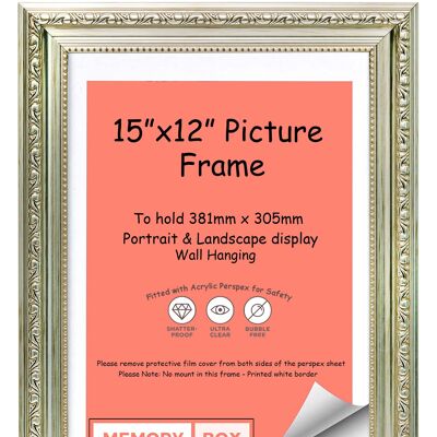 Ornate Shabby Chic Picture/Photo/Poster frame with Perspex Sheet - (38.1 x 30.5cm) Silver 15" x 12"