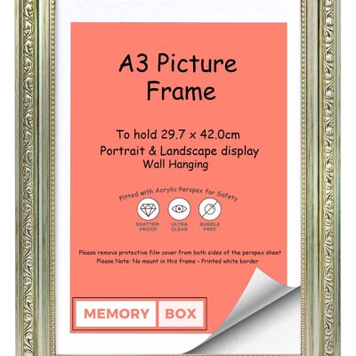 Ornate Shabby Chic Picture/Photo/Poster frame with Perspex Sheet - Silver A3
