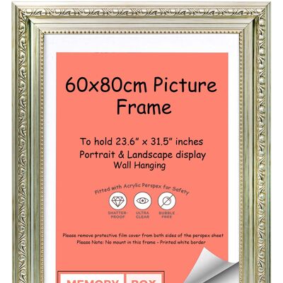 Ornate Shabby Chic Picture/Photo/Poster frame with Perspex Sheet - (60 x 80cm) Silver 23.6" x 31.5"