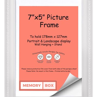 Ornate Shabby Chic Picture/Photo/Poster frame with Perspex Sheet - (17.8 x 12.7cm) White 7" x 5"