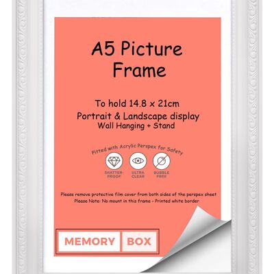 Ornate Shabby Chic Picture/Photo/Poster frame with Perspex Sheet - White A5