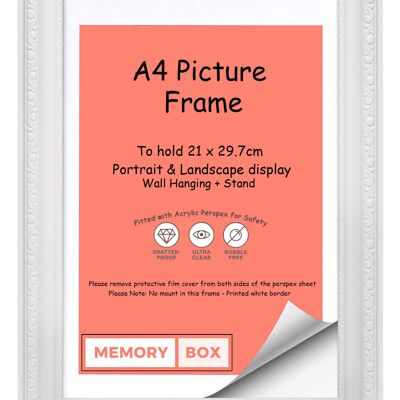 Ornate Shabby Chic Picture/Photo/Poster frame with Perspex Sheet - White A4