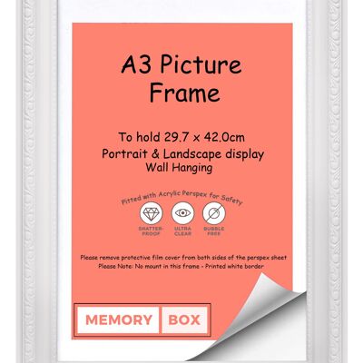 Ornate Shabby Chic Picture/Photo/Poster frame with Perspex Sheet - White A3