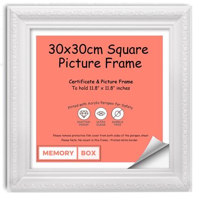 Ornate Shabby Chic Picture/Photo/Poster frame with Perspex Sheet - Moulding 33mm Wide and 27mm Deep - (30 x 30cm) White