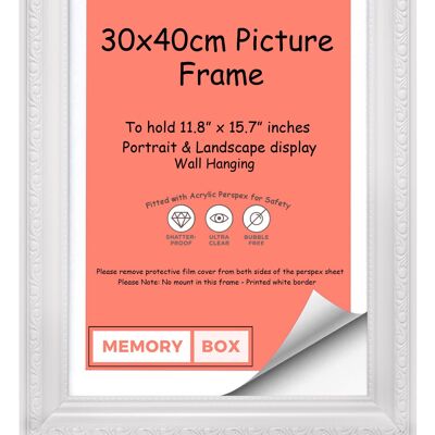Ornate Shabby Chic Picture/Photo/Poster frame with Perspex Sheet - Moulding 33mm Wide and 27mm Deep - (30 x 40cm) White