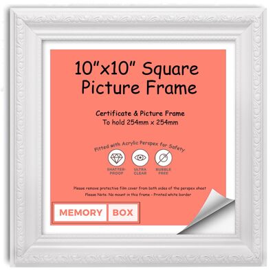 Ornate Shabby Chic Picture/Photo/Poster frame with Perspex Sheet - (25.4 x 25.4cm) White 10" x 10"