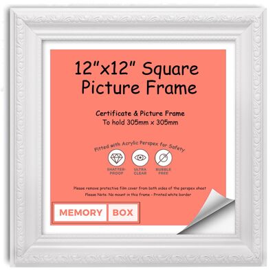 Ornate Shabby Chic Picture/Photo/Poster frame with Perspex Sheet - (30.5 x 30.5cm) White 12" x 12"