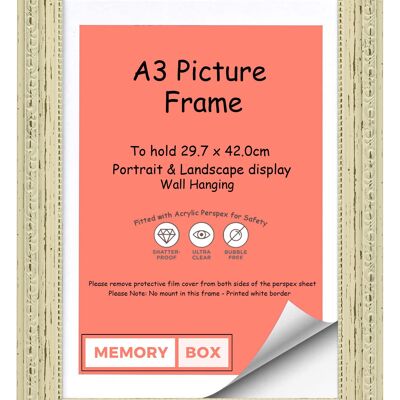 Ornate Shabby Chic Picture/Photo/Poster frame with Perspex Sheet - White Distressed A3