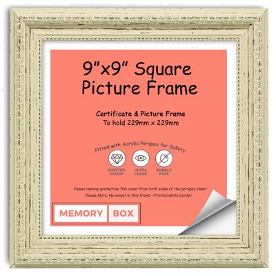 Ornate Shabby Chic Picture/Photo/Poster frame with Perspex Sheet - (22.8 x 22.8cm) White Distressed 9" x 9"