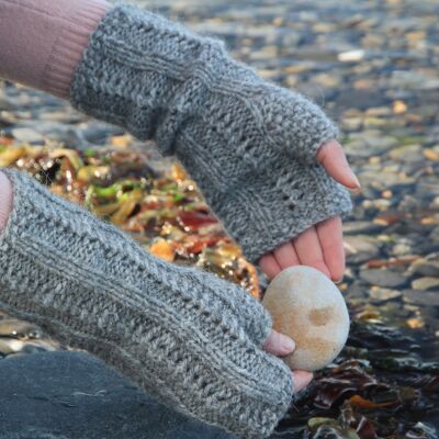 Lacy Mittens Knitting Kit with Moss Stitch Detail Seal Grey