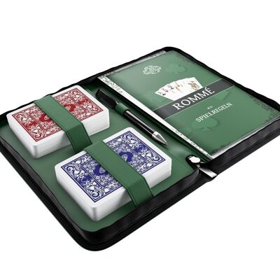 Bullets Playing Cards - Jeu de rami dans un étui en cuir synthétique, comprenant des cartes à jouer en plastique, des règles du jeu avec 15 variantes de rami, des règles courtes, un stylo et un bloc-notes