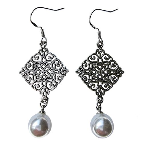 Filigree & Pearl Charm Earrings - Silver