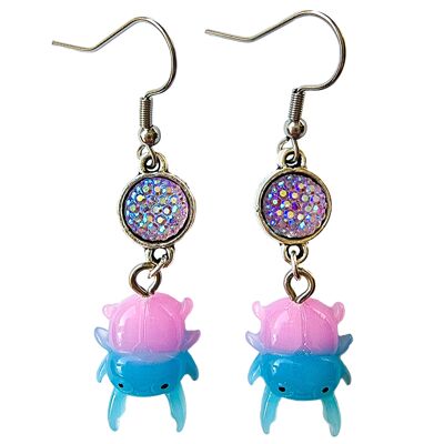 Baby Beetle Earrings - Blue & Pink