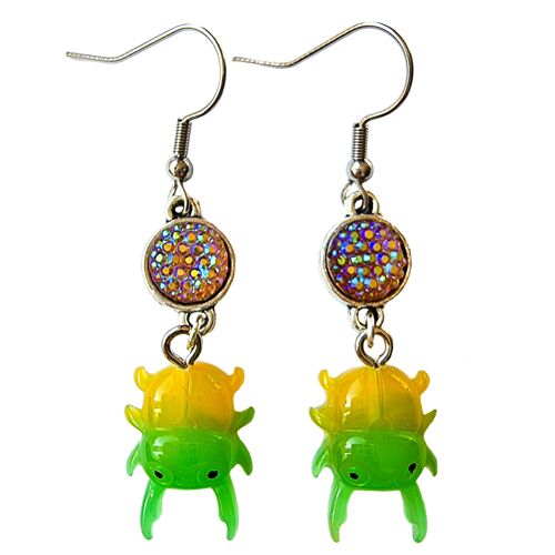 Baby Beetle Earrings - Green & Yellow