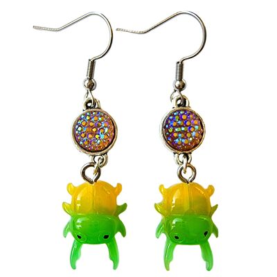 Baby Beetle Earrings - Green & Yellow