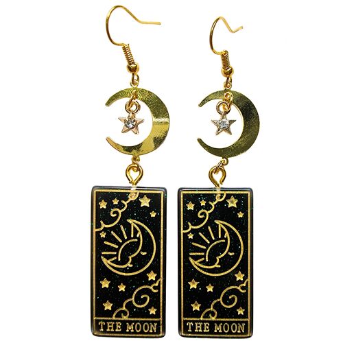 Tarot Card Earrings - The Moon - Metallic Green & Gold