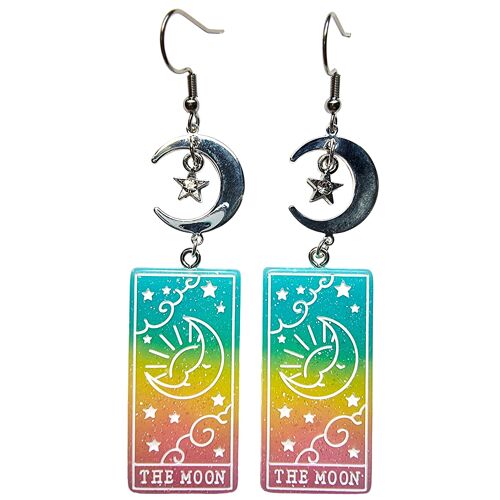 Tarot Card Earrings - The Moon - Rainbow & Silver
