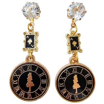 Round goes the clock in a twinkling! Enamel Earrings - Black