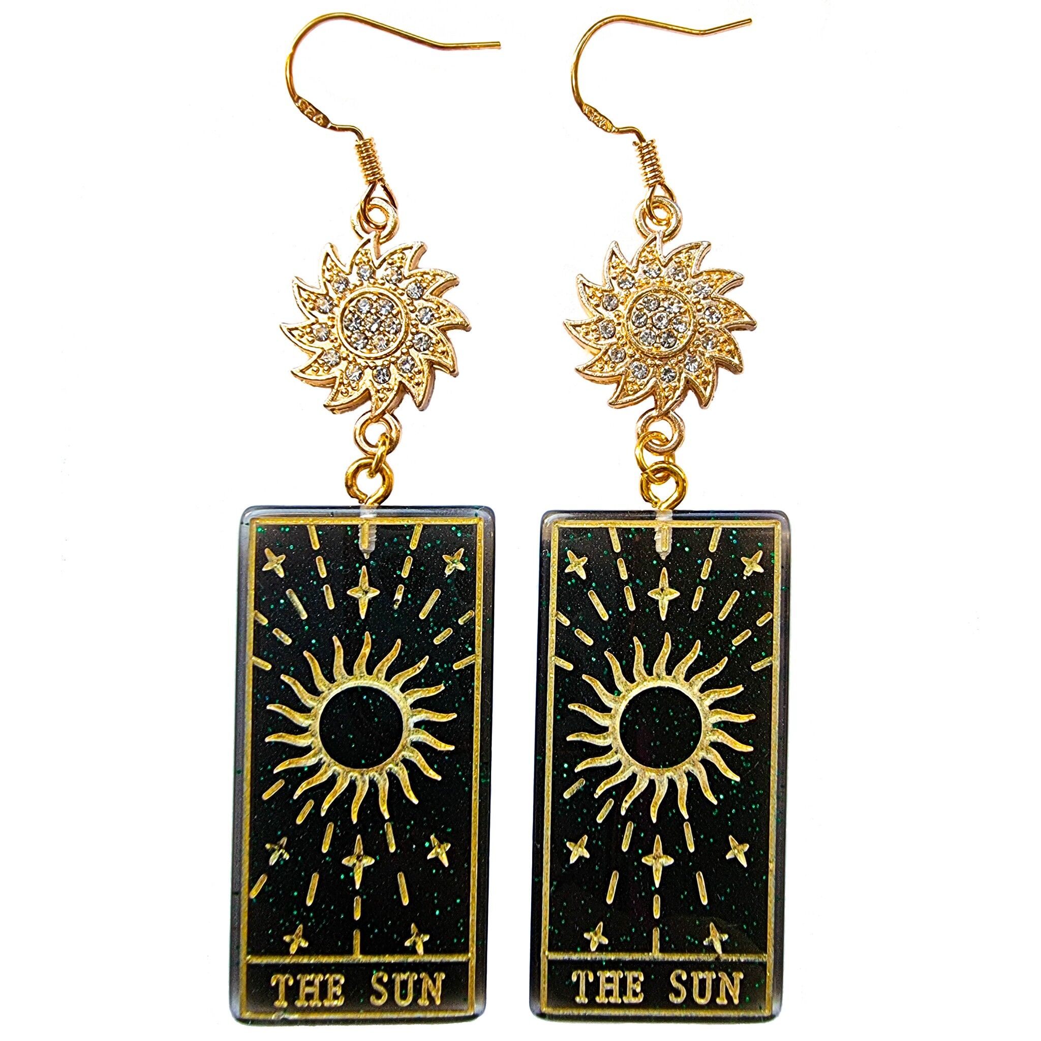 Tarotkarten-Ohrringe - The Sun - Metallic Grün & Gold