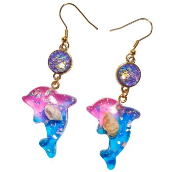 Dolphin Dreams - Boucles d'oreilles en résine - Bleu et rose