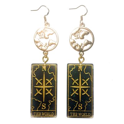 Tarot Card Earrings - The World - Metallic Green & Gold