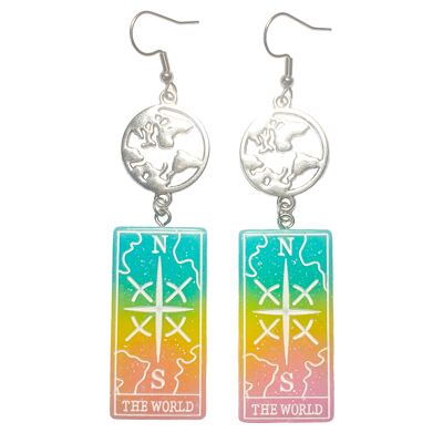 Tarot Card Earrings - The World - Rainbow & Silver