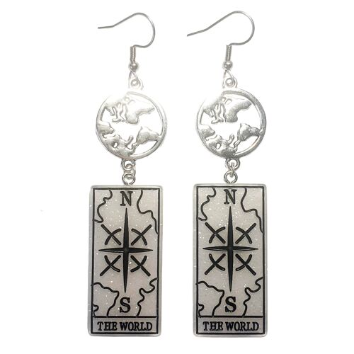 Tarot Card Earrings - The World - White & Silver